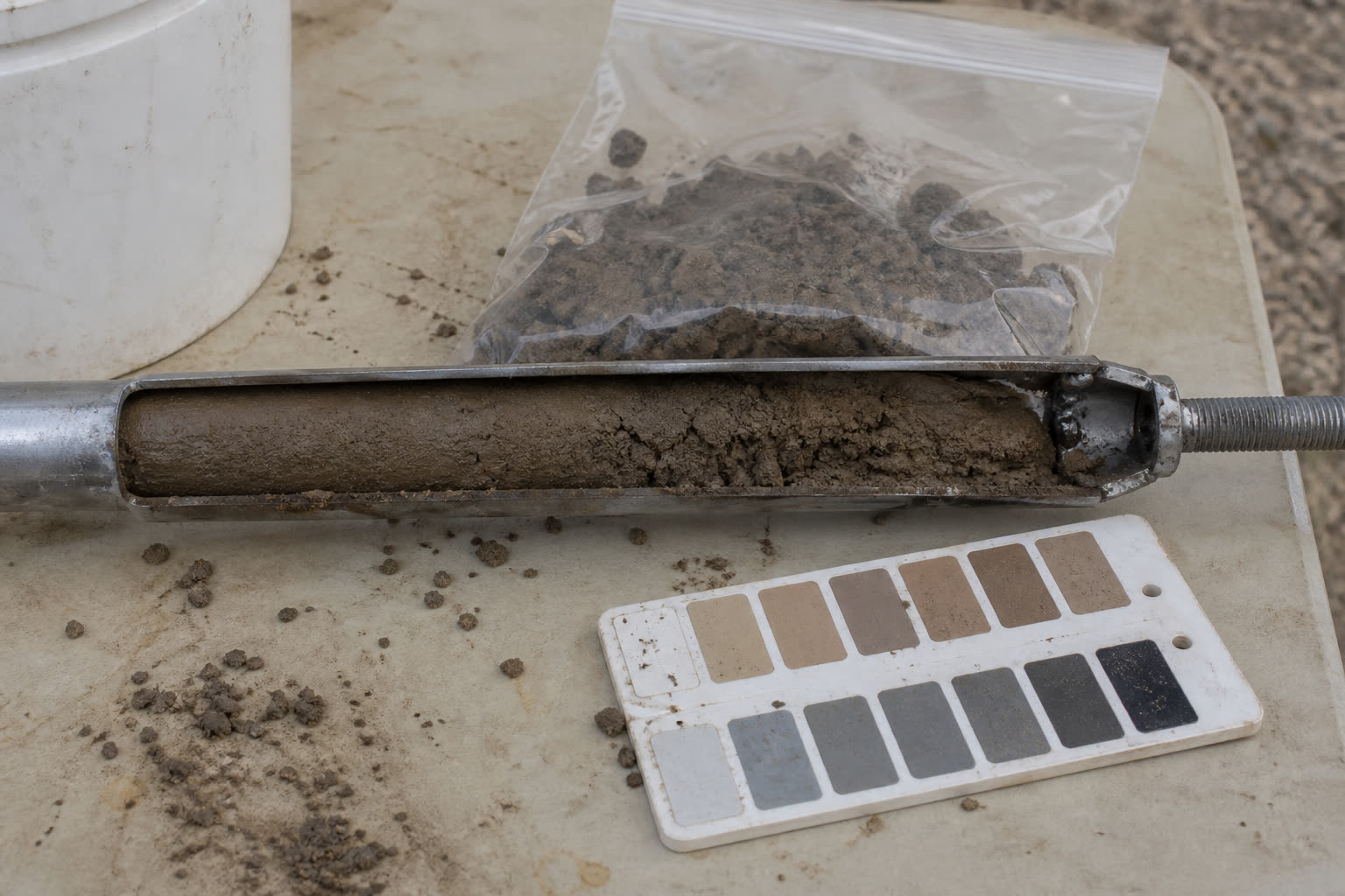 Opened split-spoon soil sample with a color chart — field still, illustrative of the work.